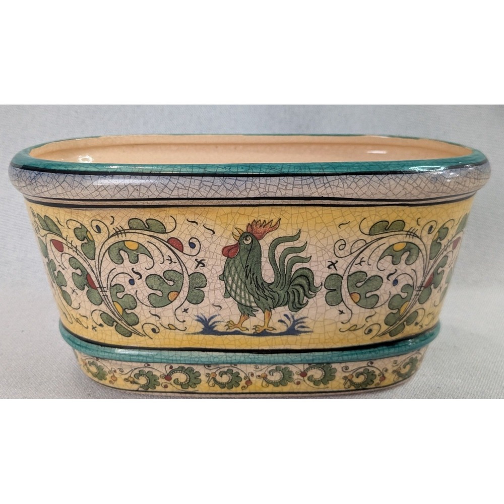 Italian Majolica Rooster Planter Unbranded 8.5in Yellow Green Good Crackle Glaze